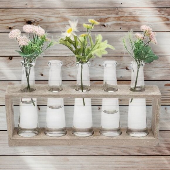 5-Vase Glass Bud Vase Propagation Station Wooden Stand - URBAN OUTFITTERS - Picture 1 of 3